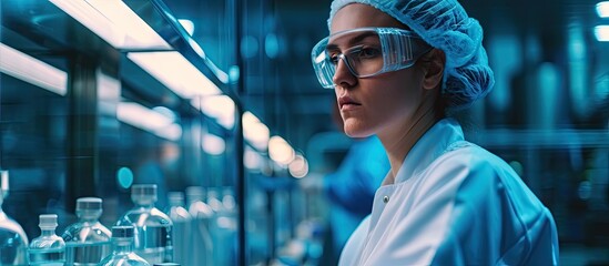 Female manufacturing supervisor looking worried while checking equipment and production during quality control in the interior of a cosmetics factory. Copy space image. Place for adding text - obrazy, fototapety, plakaty