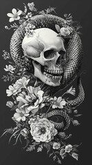 Skull and Serpent with Florals Monochrome Artwork created with Generative AI technology