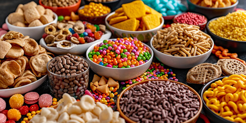 various snacks and sweets on a sweet table with desserts, gummy worms and cereals - obrazy, fototapety, plakaty