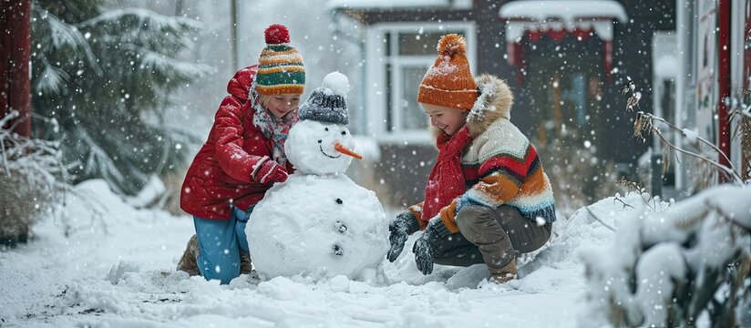 A family builds a snowman out of snow in the yard in winter. Copy space image. Place for adding text