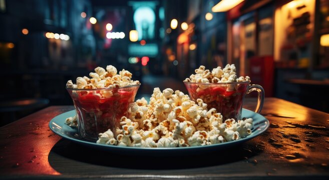 Indulge in the satisfying crunch of kettle corn as you dive into a plate of warm, buttery popcorn smothered in a tangy red sauce, the perfect indoor snack for any movie night