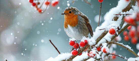 Happy new year Robin Redbreast Erithacus rubecula perched on a snowy log nearby frozen red berries in a typical christmas atmosphere Italian Alps. Copy space image. Place for adding text