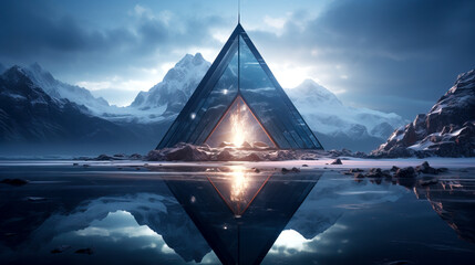 Modern Glass Pyramid Architecture Against Snowy Mountain Backdrop created with Generative AI technology - obrazy, fototapety, plakaty