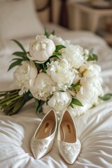 A beautiful bouquet of white flowers and a pair of wedding shoes placed on a bed. Perfect for wedding-related designs and romantic themes