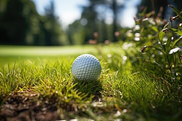 A vibrant green field serves as the backdrop for a lone golf ball, symbolizing the potential and precision of the sport