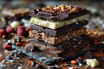 Stacked Dark Chocolate Pieces with Rich Cocoa Powder