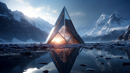 Modern Glass Pyramid Architecture Against Snowy Mountain Backdrop created with Generative AI technology