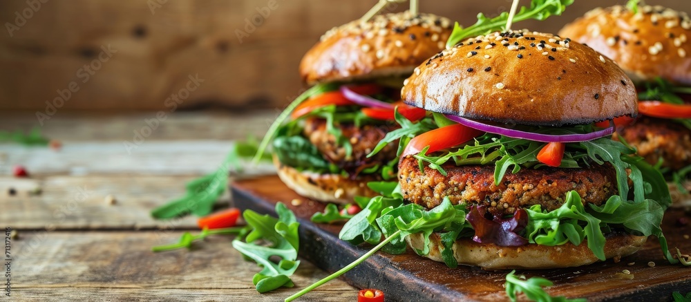 Poster veggie burgers with quinoa broccoli cauliflower served with salad plant based food space for text. c