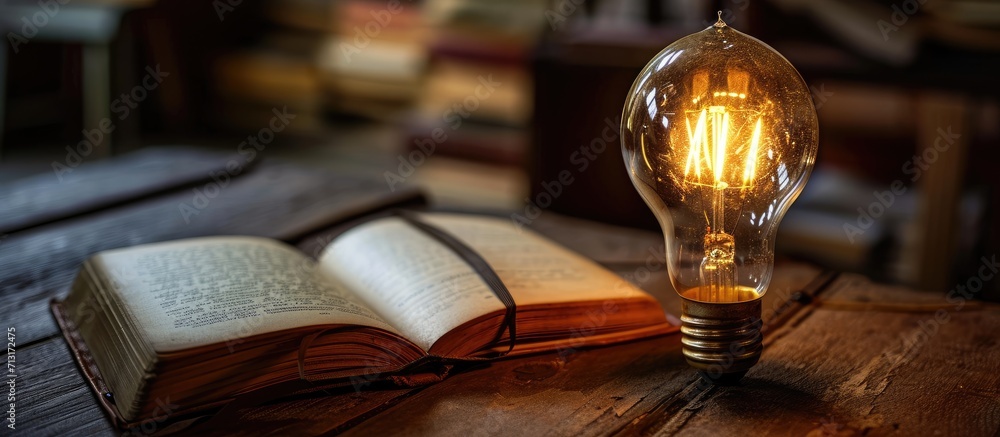 Poster young man holding a light bulb placed on a book finding new ideas including applying things around h