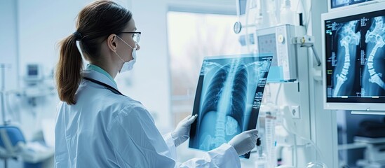 X ray examination Skeleton radiology Woman doctor surgeon holding film scan radiography diagnostic in hospital bone disease treatment. Copy space image. Place for adding text