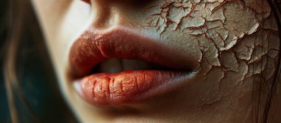 Obraz premium Macro of cracked dry lips of young woman. Copy space image. Place for adding text