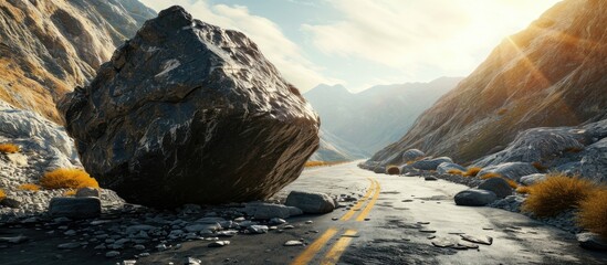 A huge rock fell from the mountains onto the road destroying the asphalt and blocking half of the roadway. Copy space image. Place for adding text - obrazy, fototapety, plakaty