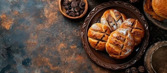 Delicious Mexican style chocolate bread of the dead. Copy space image. Place for adding text