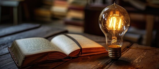 Young man holding a light bulb placed on a book finding new ideas including applying things around...