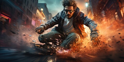 Amidst the chaos of sparks and adrenaline, a determined man fights for survival in this electrifying action-adventure game, captured in stunning digital compositing and showcasing his rugged clothing - obrazy, fototapety, plakaty