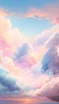  A vertical video background featuring abstract clouds in the sky with either a sun or sunset landscape, created using a watercolor technique to achieve a soft, light background.