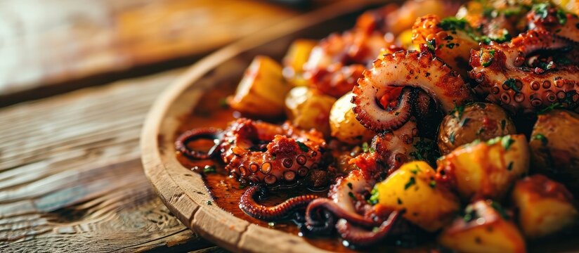 A closeup photo of pulpo a la gallega an octopus with boiled potatoes typical Spanish Galician dish on a traditional wooden plate with copy space High quality photo. Copy space image