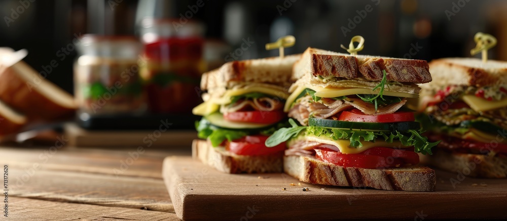 Poster picture of various sandwiches on a shop counter. copy space image. place for adding text