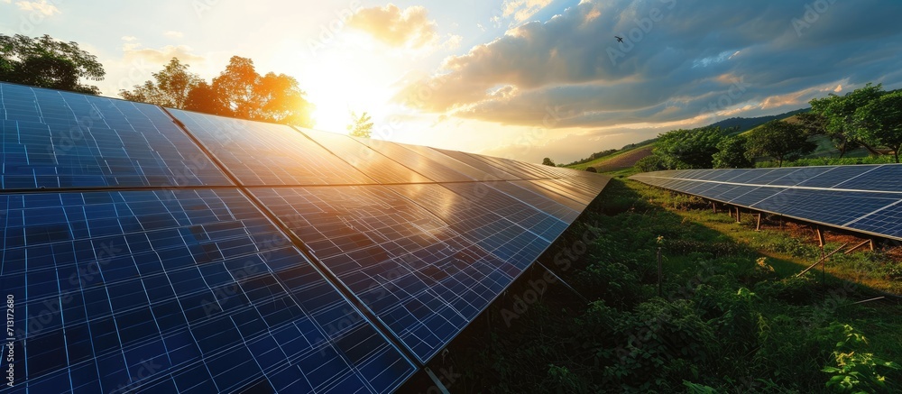 Poster pv solar panels generating electricity. copy space image. place for adding text