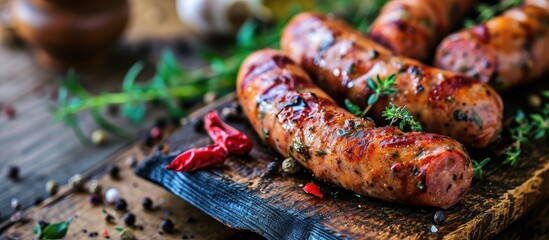 Kabanosy polish sausages made of pork on a board with addition of fresh herbs and spices on a wooden board close up. Copy space image. Place for adding text