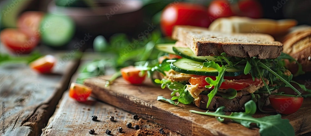 Aufkleber showcase with one vegetable vegan sandwich in a cafe bread for take away with cheese tomatoes cucumb