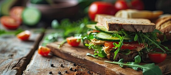 Showcase with one vegetable vegan sandwich in a cafe Bread for take away with cheese tomatoes cucumbers and green leaf and salad. Copy space image. Place for adding text - obrazy, fototapety, plakaty