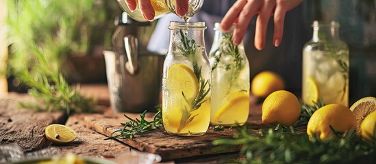 Female hand put lemon in glass bottle Woman preparing making detox healthy water with lemon and rosemary fresh lemonade in glass on a white table at home summer drink. Copy space image - obrazy, fototapety, plakaty