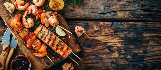 Assorted fresh seafood on a barbecue with prawn or scampi kebabs and a large portion of salmon fillet seasoned with herbs and lemon. Copy space image. Place for adding text