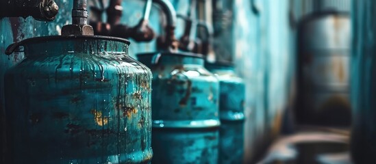 Water swirl in plastic bottle Physical science Industrial metal cranes taps. Copy space image. Place for adding text