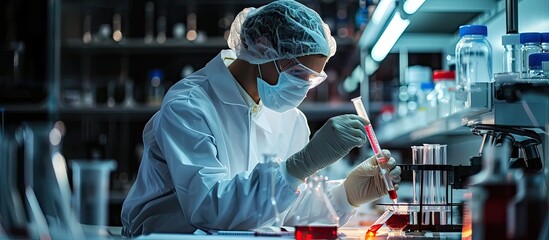 Viorolog researcher examining blood sample from test tube working in modern equipped laboratory Scientist man analysing vaccine evolution using high tech researching diagnosis against covid19