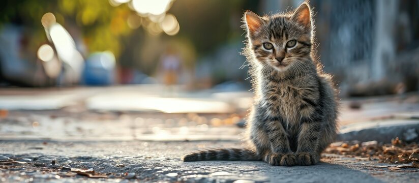 A homeless cat with two kittens on the street A kitten with an injury to her left eye lies on top of her gray mother cat Pets Selective Focus. Copy space image. Place for adding text