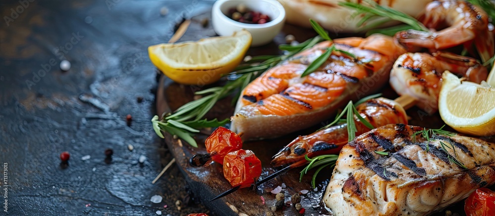 Poster assorted fresh seafood on a barbecue with prawn or scampi kebabs and a large portion of salmon fille
