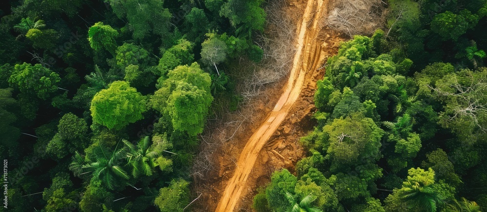 Poster aerial drone view of deforestation of a tropical rain forest to make way for palm oil and constructi