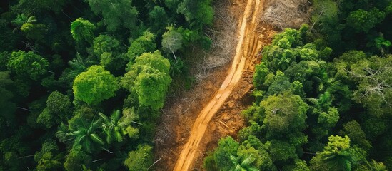 Aerial drone view of deforestation of a tropical rain forest to make way for palm oil and construction. Copy space image. Place for adding text - obrazy, fototapety, plakaty