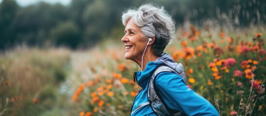 Fitness exercise and senior woman listening to music in nature with earphones for running thinking and wellness Face of an elderly female outdoor to run for a healthy lifestyle body and energy - obrazy, fototapety, plakaty