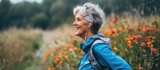 Poster Fitness exercise and senior woman listening to music in nature with earphones for running thinking and wellness Face of an elderly female outdoor to run for a healthy lifestyle body and energy © Ilgun