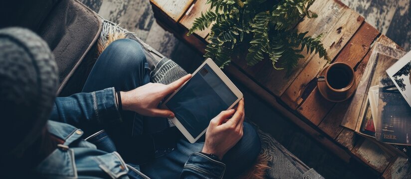 Man reading magazine on tablet. Copy space image. Place for adding text