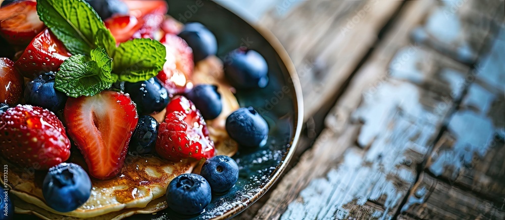 Poster homemade berry pancakes fresh summer dessert with blueberries on rustic wooden table close up select