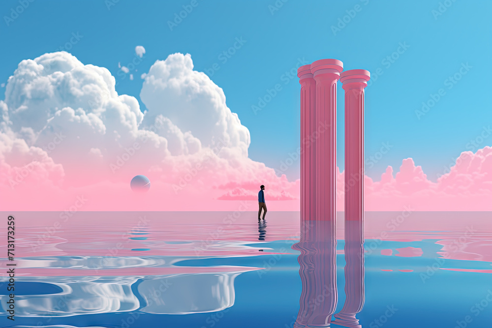 Poster surreal vaporwave landscape with abstract architecture elements on the water. dreamy landscape
