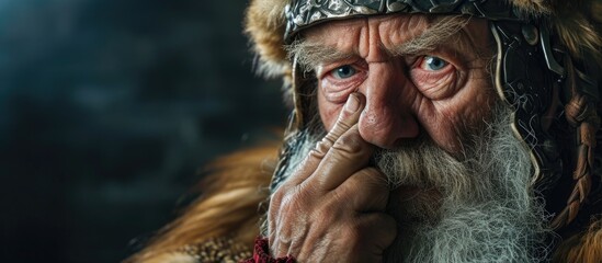 Old senior man with grey hair and long beard wearing viking traditional costume smelling something stinky and disgusting intolerable smell holding breath with fingers on nose bad smell