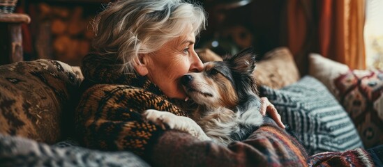 Plakat Middle aged woman enjoys spending time at home with her pets Dog licks owner s cheek with his tongue cat sitting on couch. Copy space image. Place for adding text