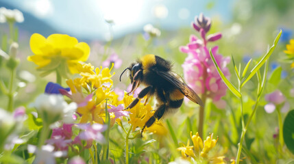 A large bumblebee collects pollen from Field Flowers on a sunny bright day