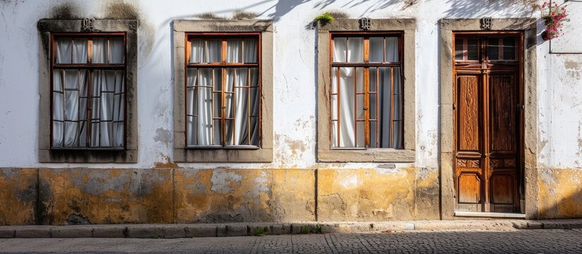 Typical Portuguese facade with White wooden window and curtain on whitewashed facade in Evora town. Copy space image. Place for adding text