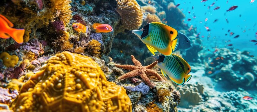 Coral reef with starfish and colorful tropical fish Caribbean sea. Copy space image. Place for adding text