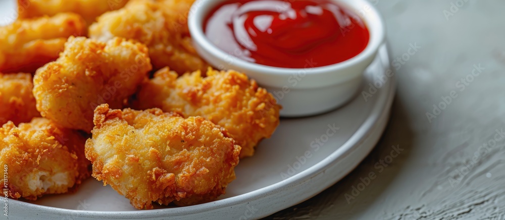 Aufkleber fried crispy chicken nuggets with ketchup on white board. copy space image. place for adding text
