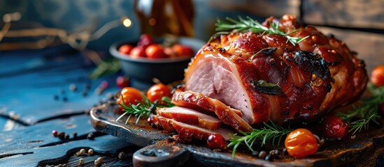 A Slow Baked Spiral Ham on a Serving Platter. Copy space image. Place for adding text