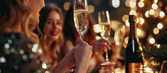 Happy dinner party and woman with glass of champagne for special celebration event friendship reunion or New Year Fine dining restaurant friends and elegant girl with alcohol drink to celebrate - Powered by Adobe