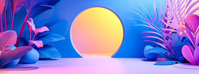 surreal 3D scene. At the center, there's a large circular opening that resembles a rising or setting sun with a gradient from yellow to pink