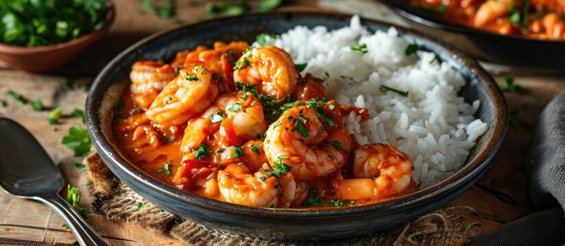 Spicy Homemade Cajun Shrimp Etouffee with White Rice. Copy space image. Place for adding text