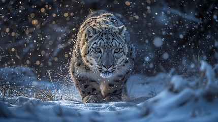 Majestic Snow Leopard in Winter Wonderland. Rare species conservation and protection concept. 